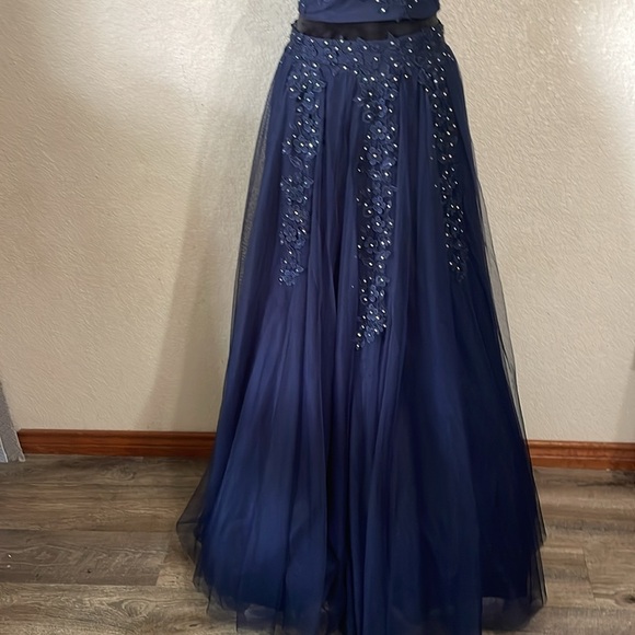 Say Yes To The Prom Navy Blue Lace Halter Dress - Picture 2 of 15